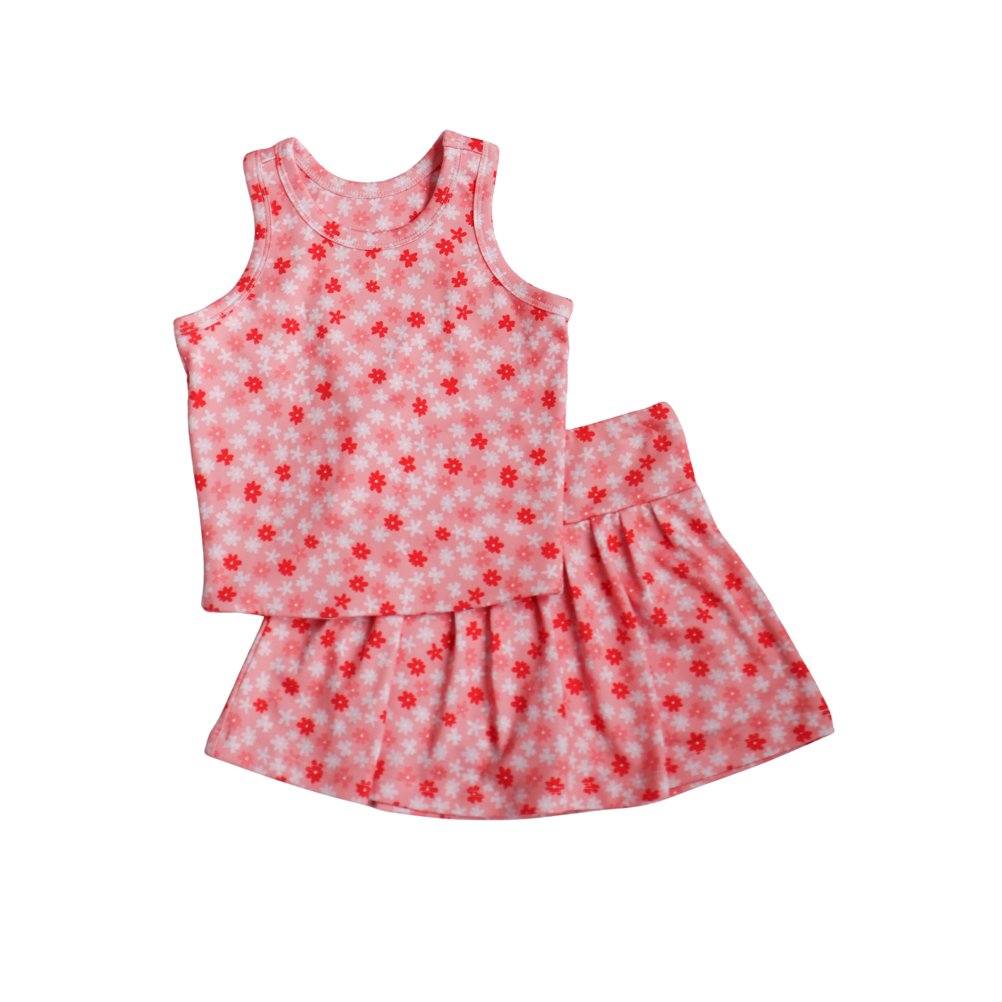 Girls athleisure set with red floral pattern on a pink background