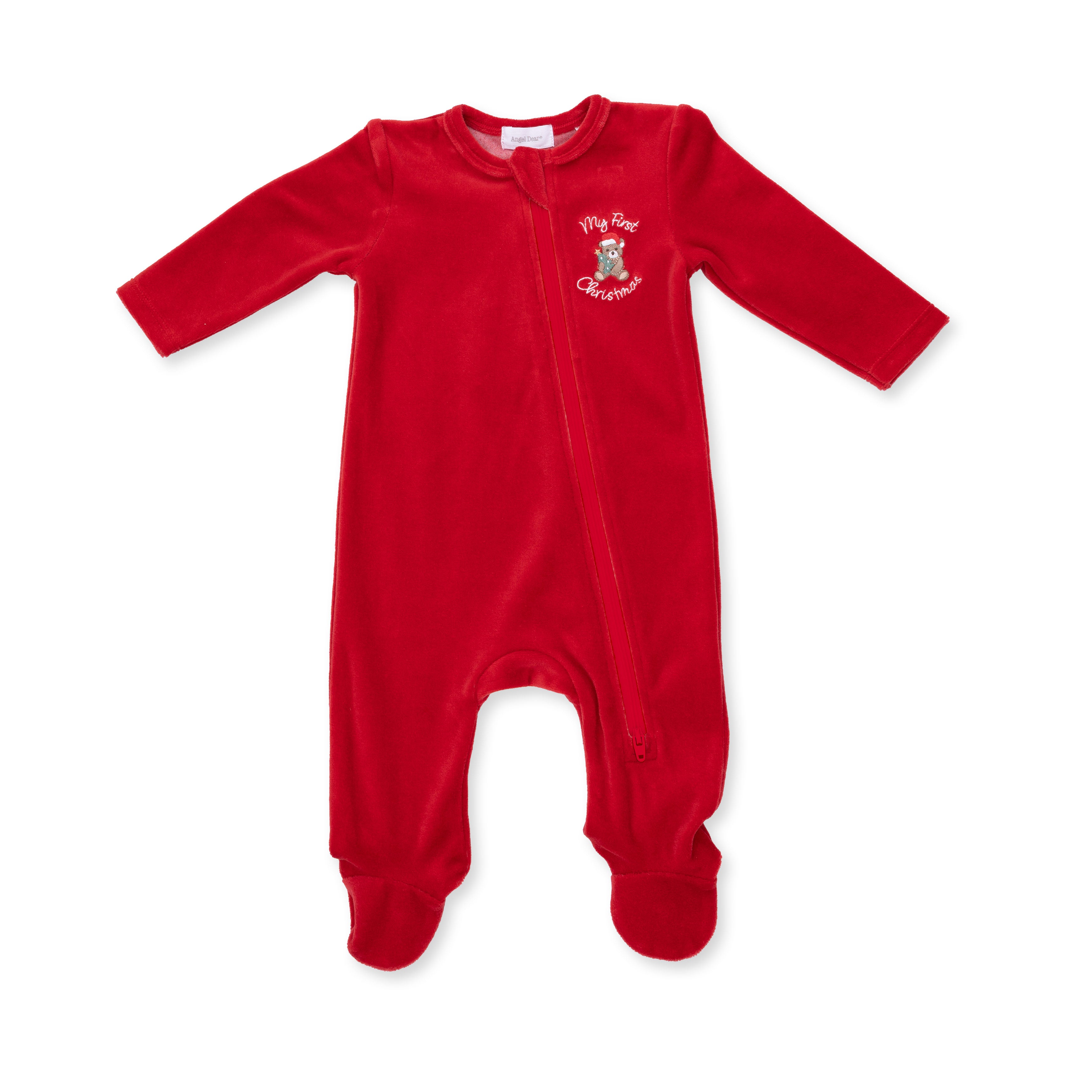 Red baby onesie with a "My First Christmas" logo on a white background