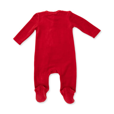 Red baby onesie with footies on a white background