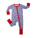 Children's onesie with red and white floral pattern on a blue background