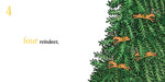 A printed illustration showing a green evergreen tree with four orange reindeer wearing yellow harnesses, alongside the text '4 four reindeer,' on a white background.