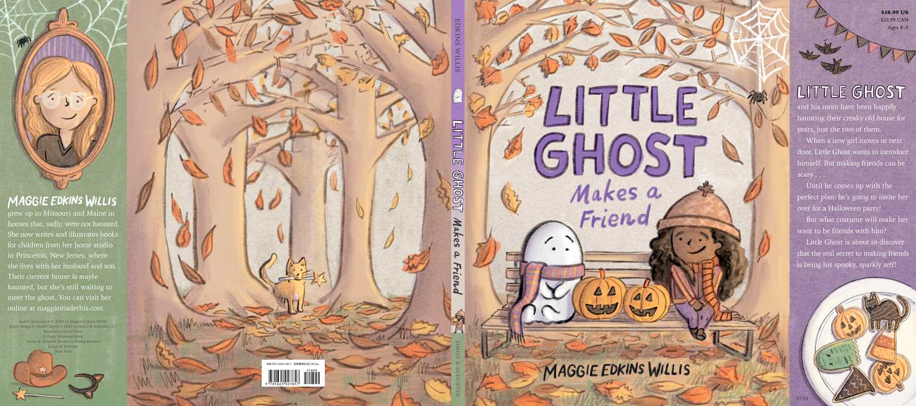 Book cover of 'Little Ghost Makes a Friend' with illustrations of a ghost, a girl, and pumpkins.