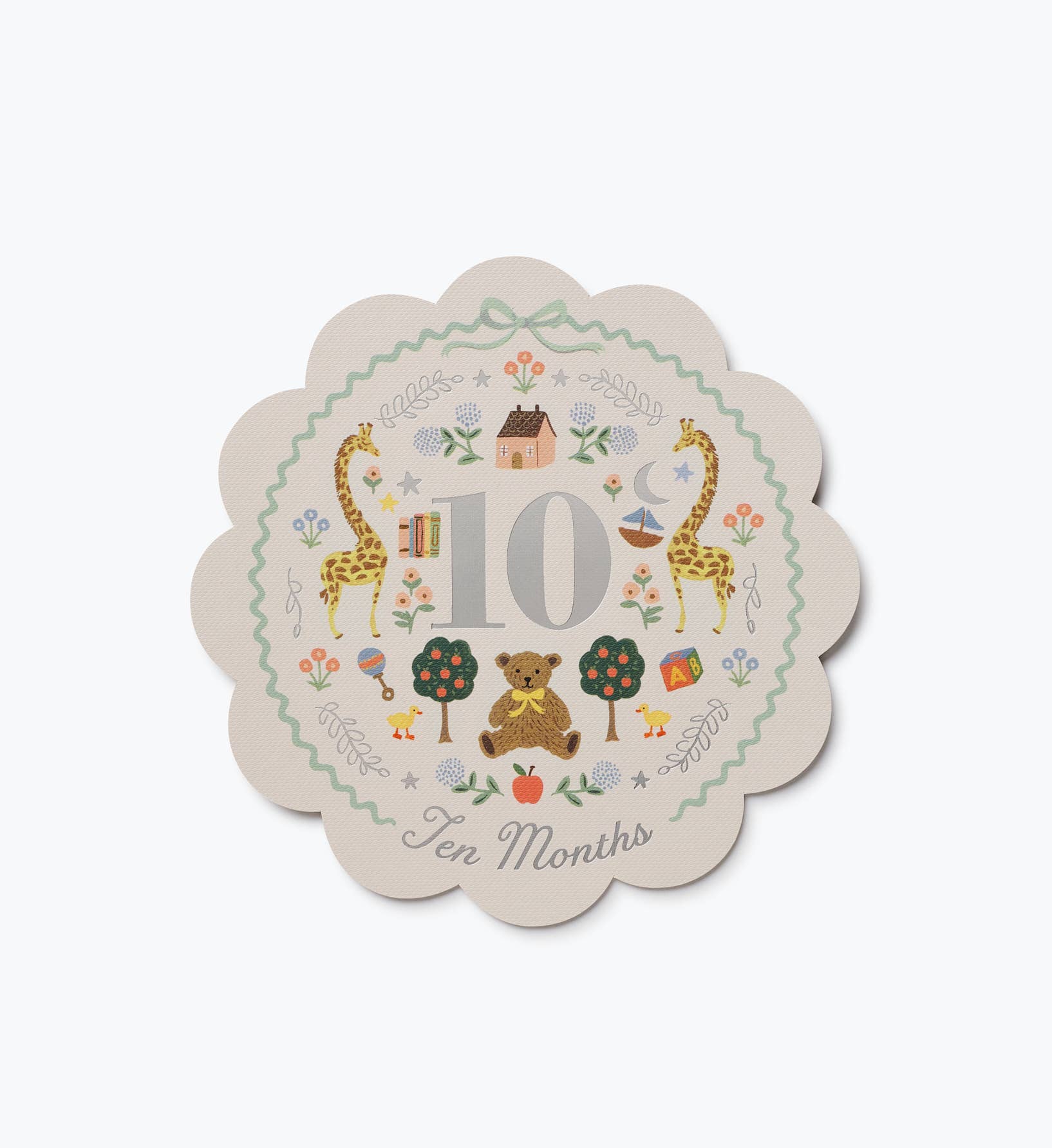 Illustrated ten month milestone card with whimsical animals flowers and metallic silver details from Rifle Paper Co. for documenting a baby's first year