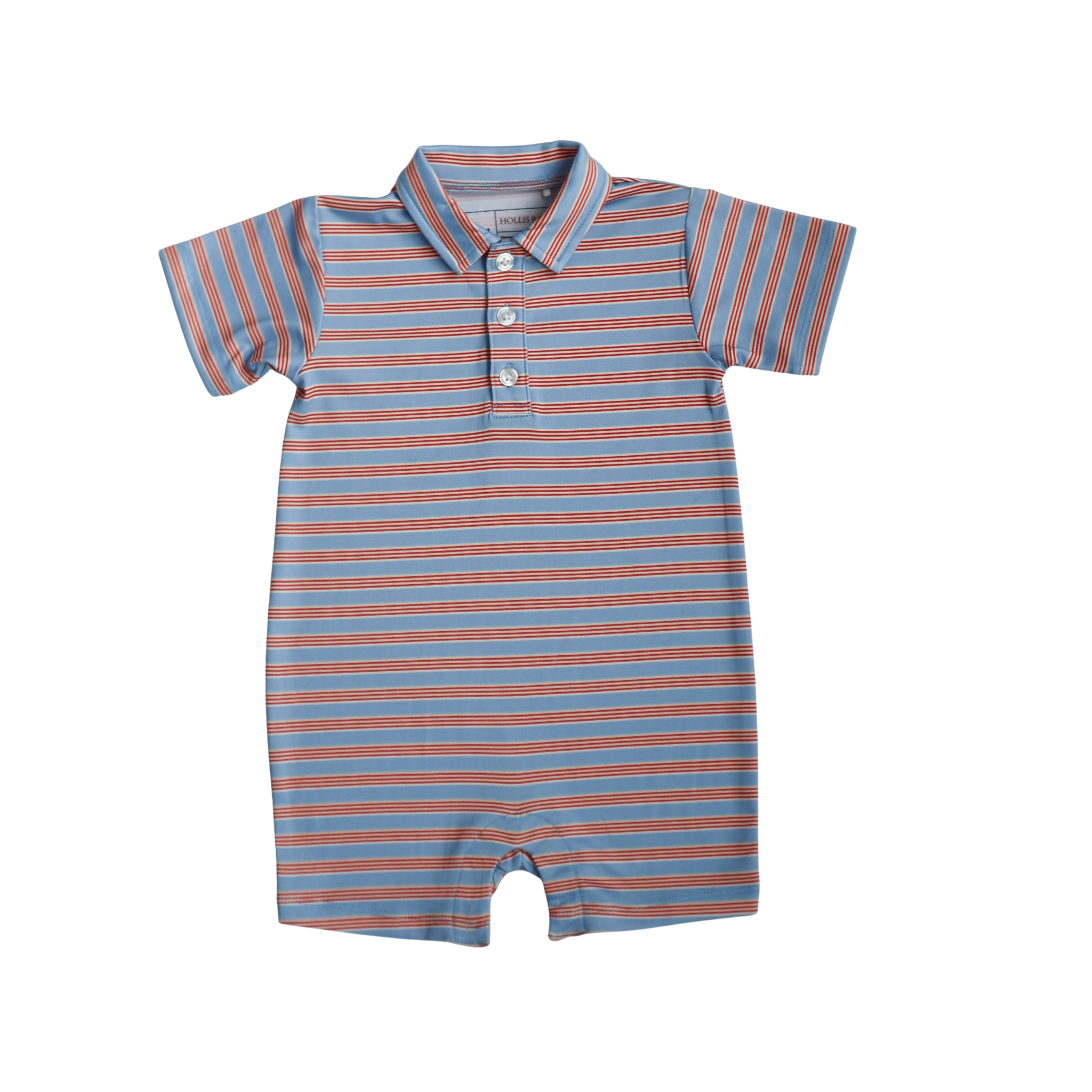 Red and blue striped baby romper with short sleeves on a white background