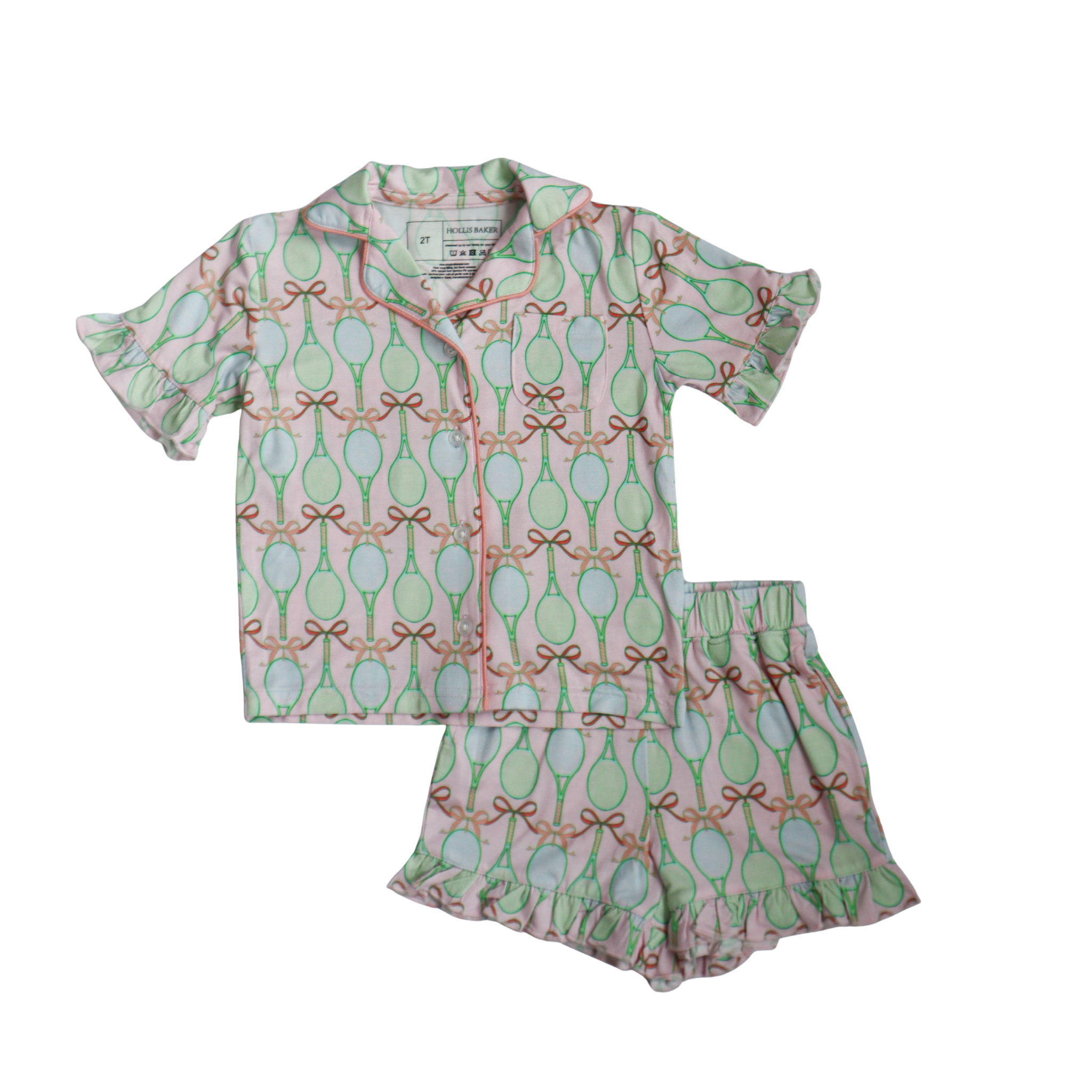 Children's pajama set with tennis pattern on a pink background
