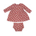 dark punch colored long sleeve dress and matching bloomers with white daisy dot print