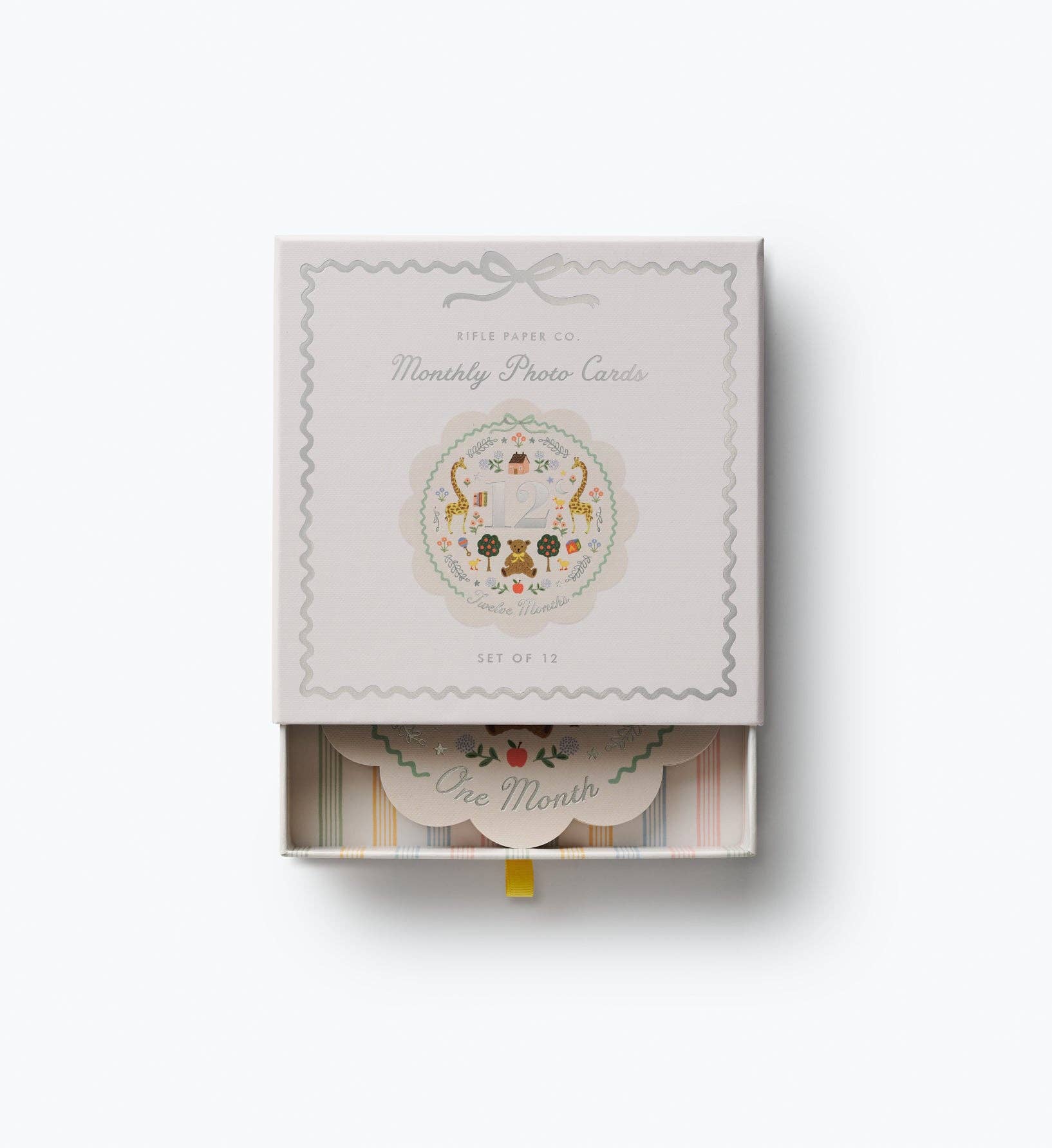 Rifle Paper Co monthly photo cards in an illustrated gift box with metallic silver details and a one month milestone card visible inside