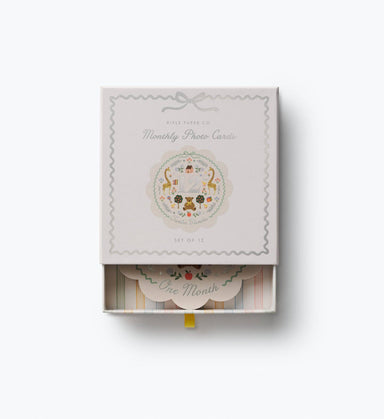 Rifle Paper Co monthly photo cards in an illustrated gift box with metallic silver details and a one month milestone card visible inside