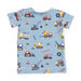 Children's t-shirt with construction vehicle pattern on a blue background