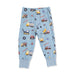 Children's blue pants with construction vehicle pattern on a white background