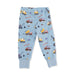Light blue children's pants with construction vehicle pattern on a white background