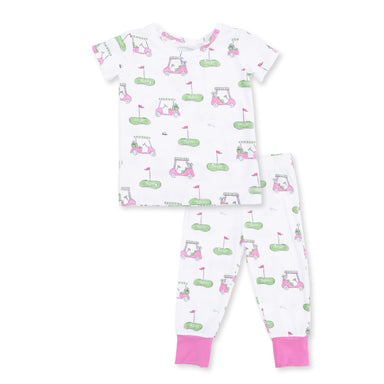 Children's pajama set with golf-themed design on a white background