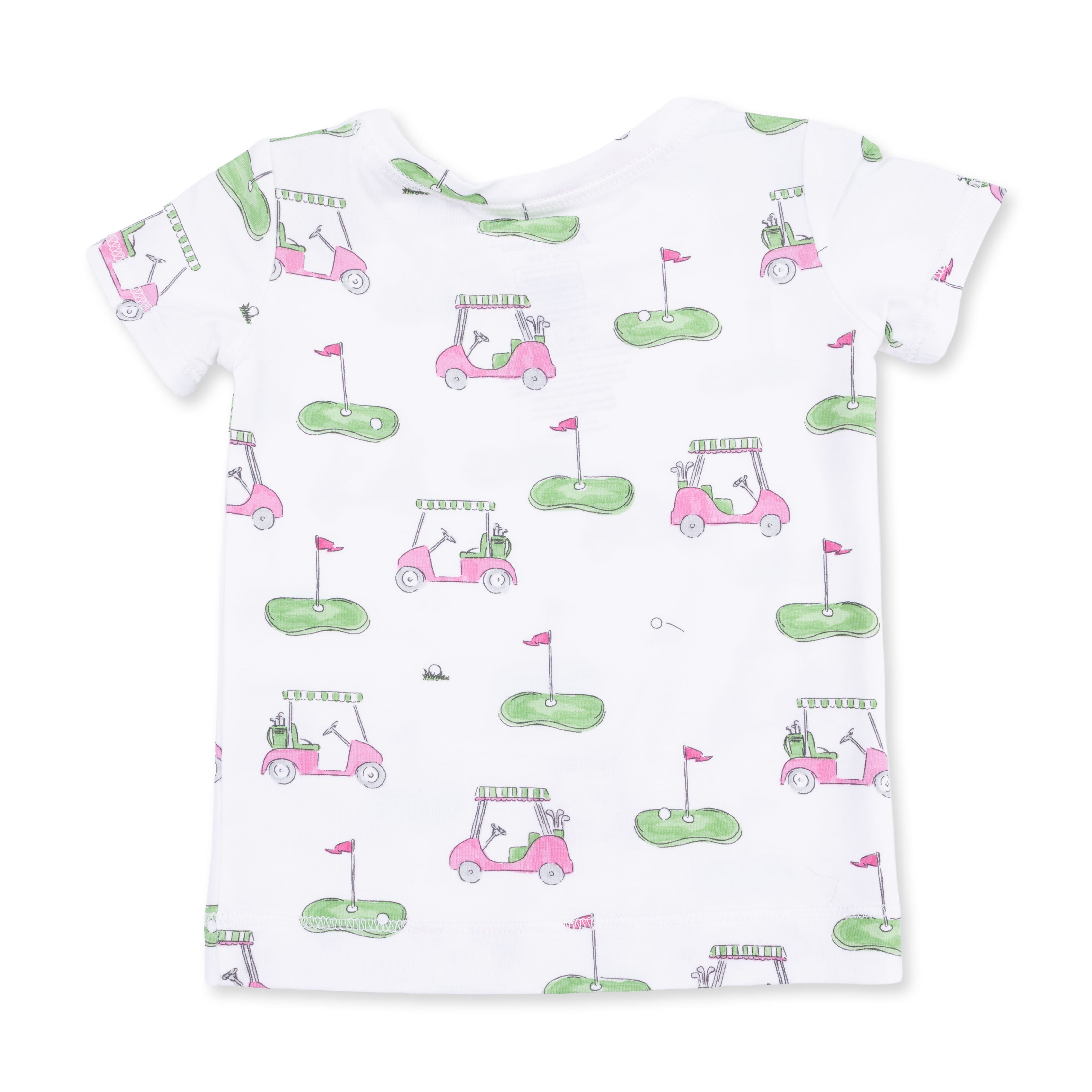 Children's top with pink and green golf-themed design on a white background