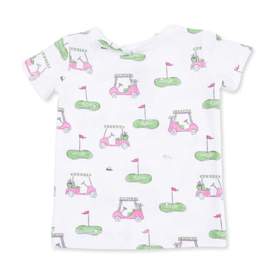 Children's top with pink and green golf-themed design on a white background