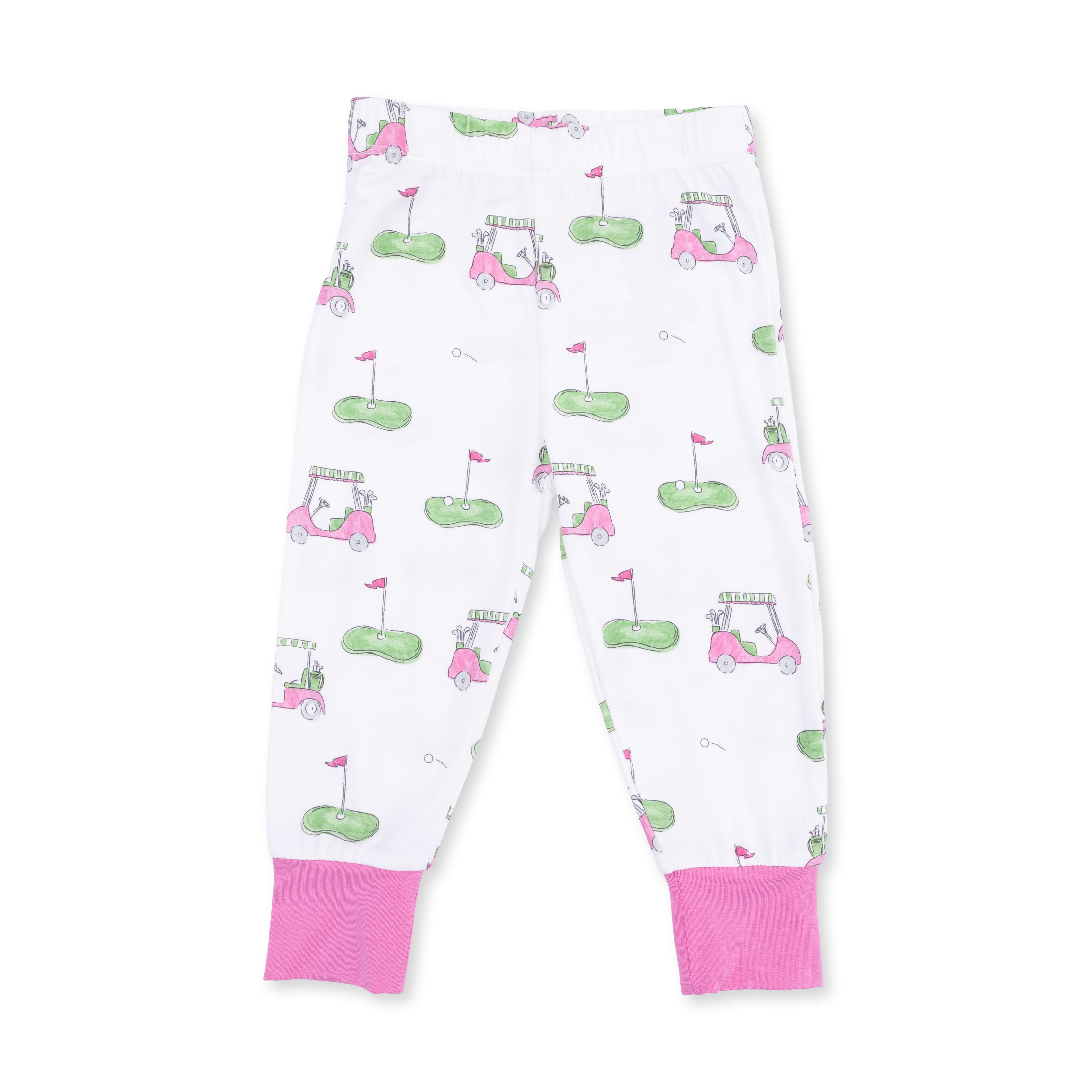 Children's leggings with golf-themed pattern on a white background