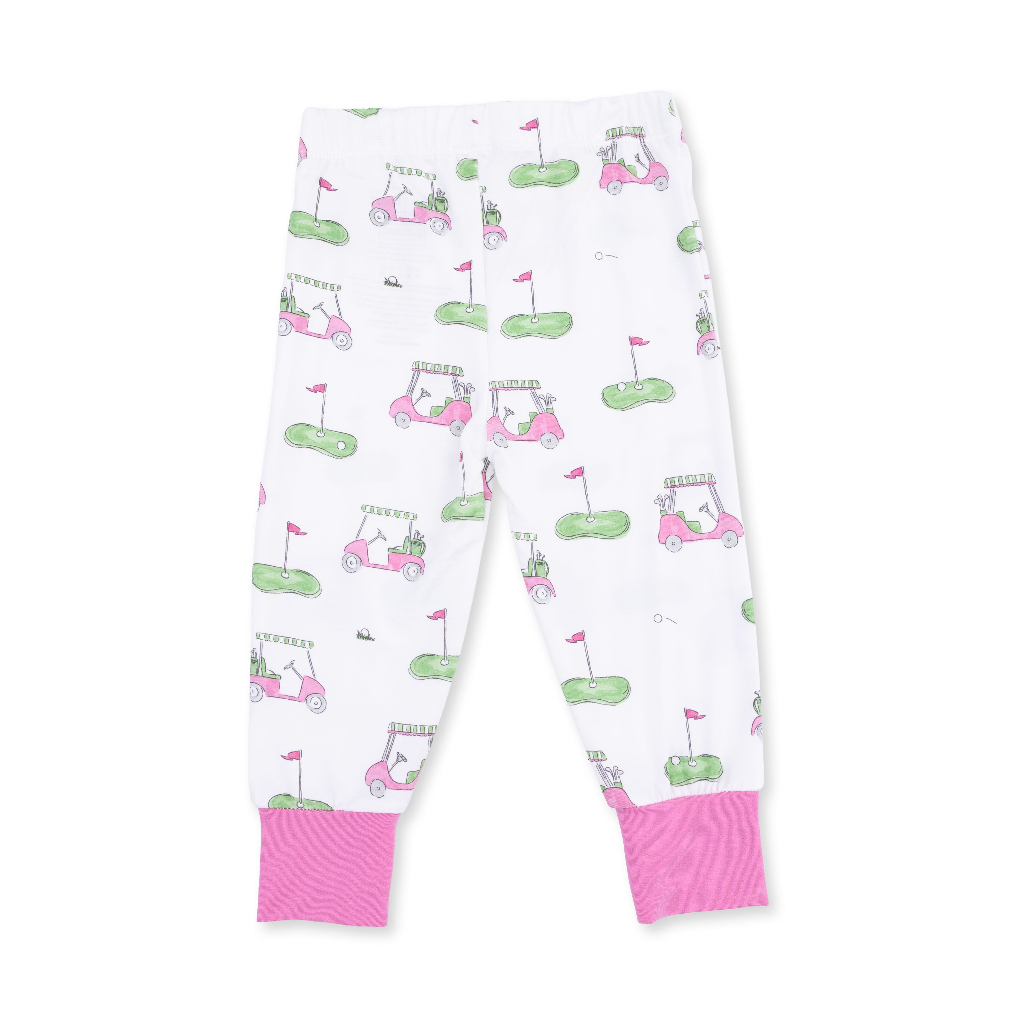 Children's leggings with golf cart and flag pattern on a white background