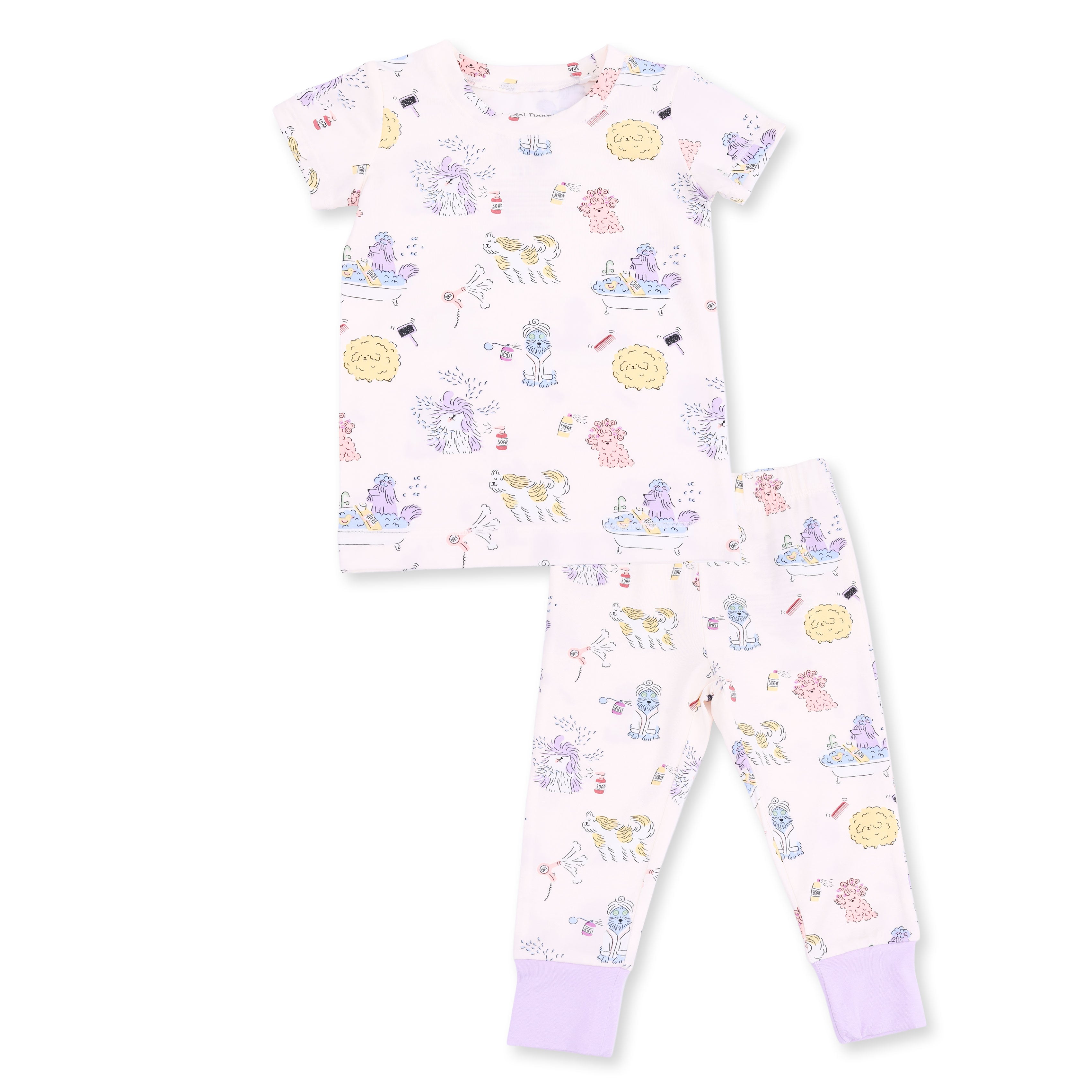 A two-piece children's pajama set featuring a short-sleeve top and matching pants in a very light pink base with a whimsical cartoon print of dogs at the spa, finished with light purple ribbed cuffs.