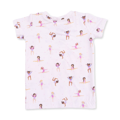 White top with a pattern of tumblers on a white background