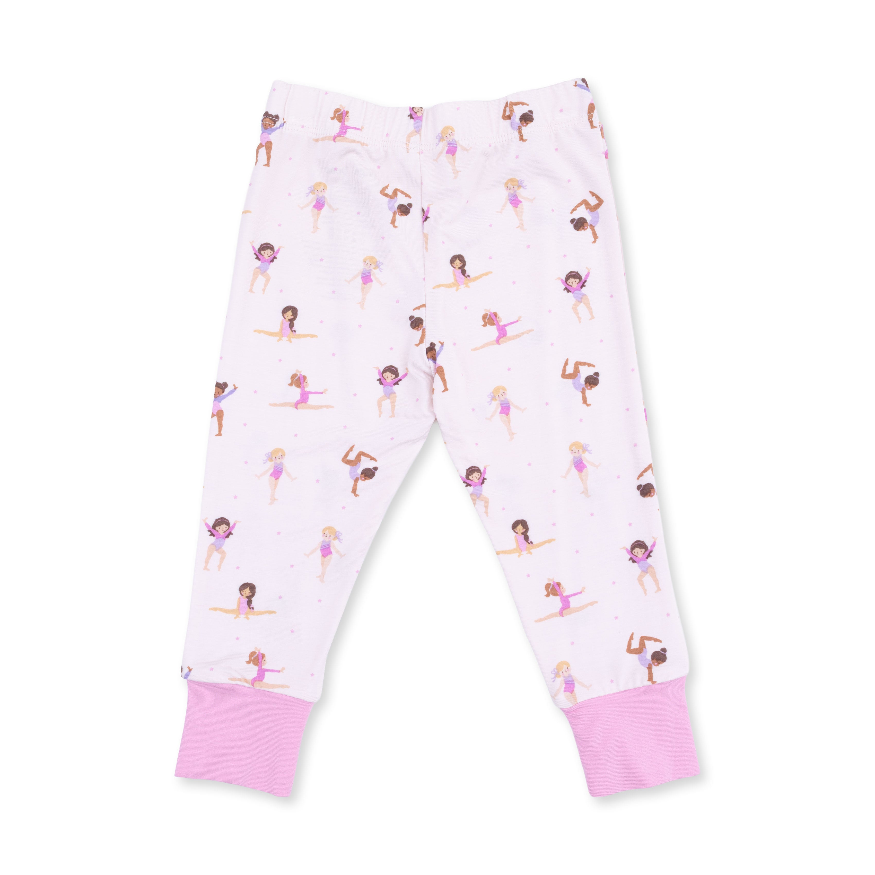 White leggings with pink cuffs featuring a pattern of children in various poses on a white background