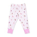 White leggings with pink cuffs featuring a pattern of children in various poses on a white background