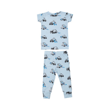 short sleeve light blue lounge set with construction vehicles full of blue hearts