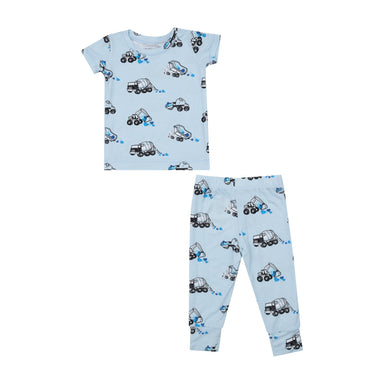 short sleeve light blue lounge set with construction vehicles full of blue hearts