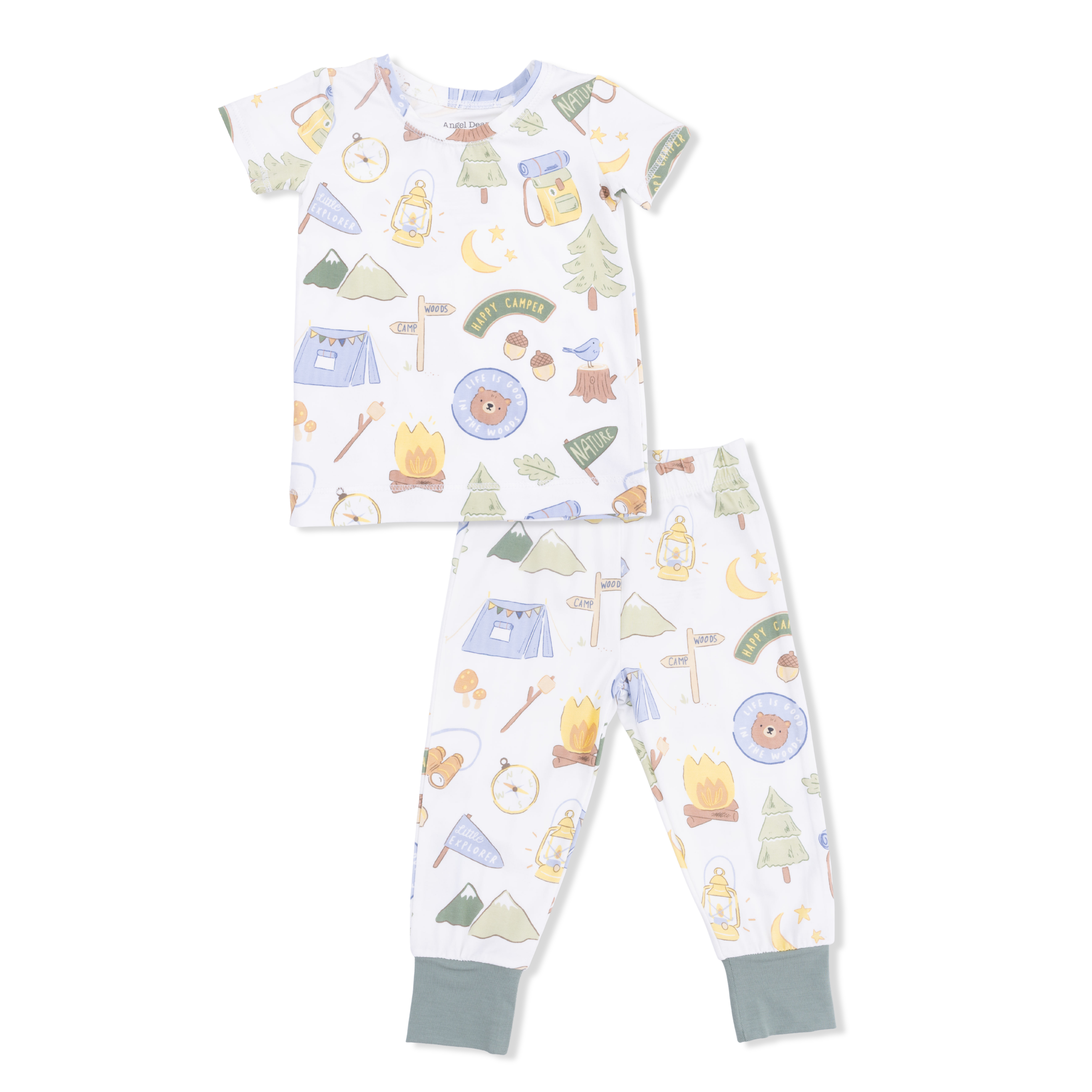 Children's pajama set with camping-themed print on a white background