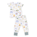 Children's pajama set with camping-themed print on a white background