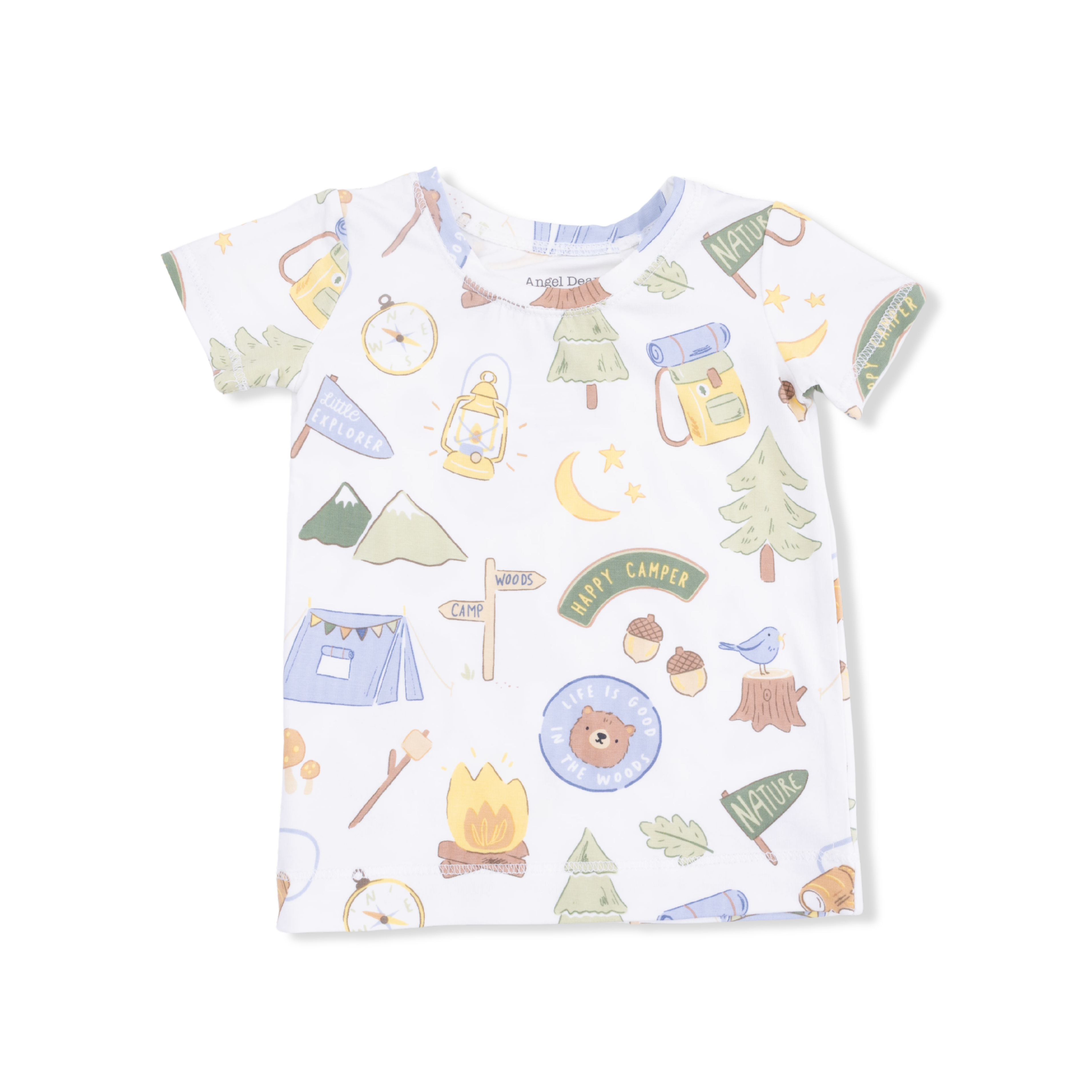 Children's t-shirt with camping-themed pattern on a white background
