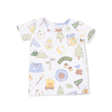 Children's t-shirt with camping-themed pattern on a white background