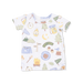 Children's t-shirt with camping-themed pattern on a white background