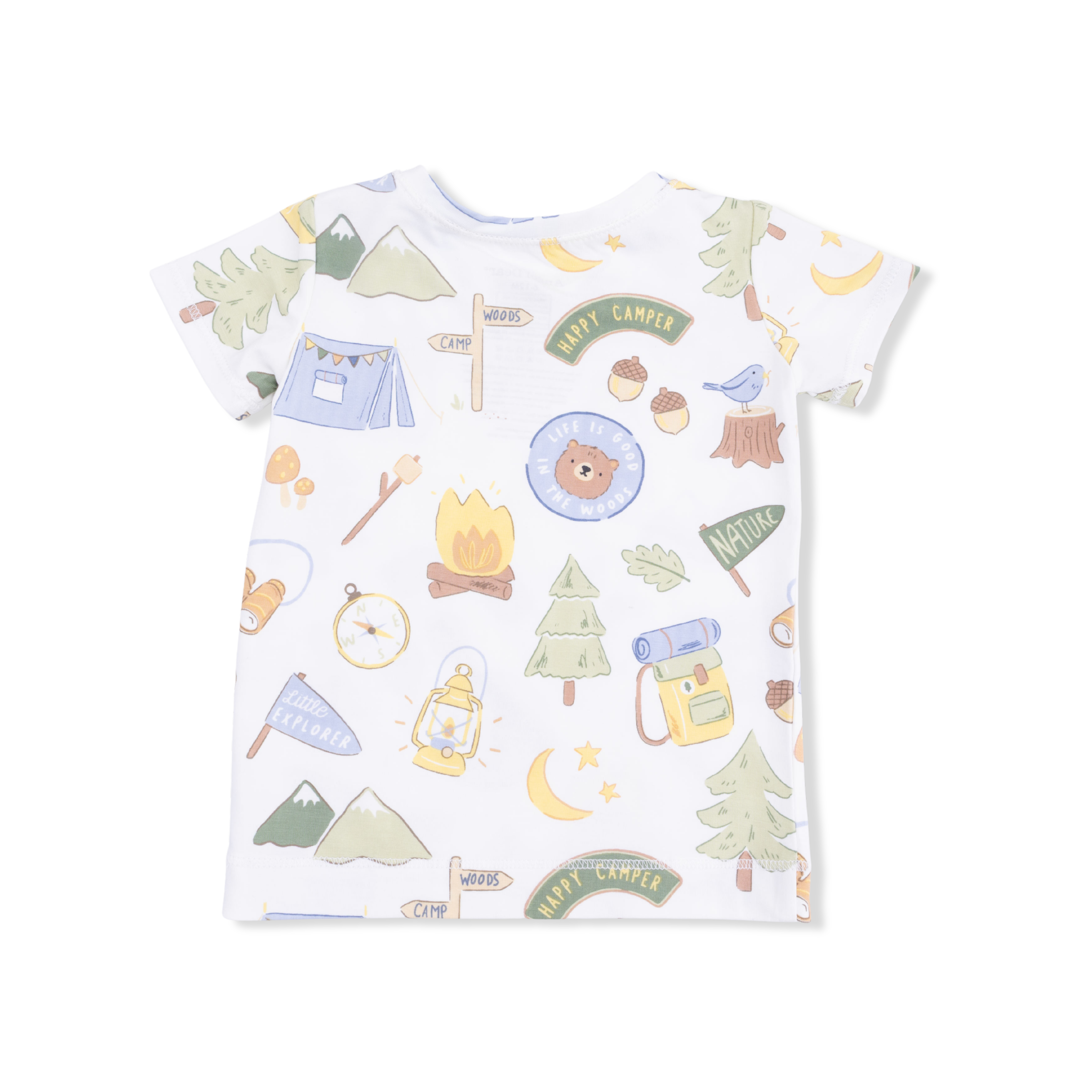 Children's t-shirt with camping-themed graphics on a white background