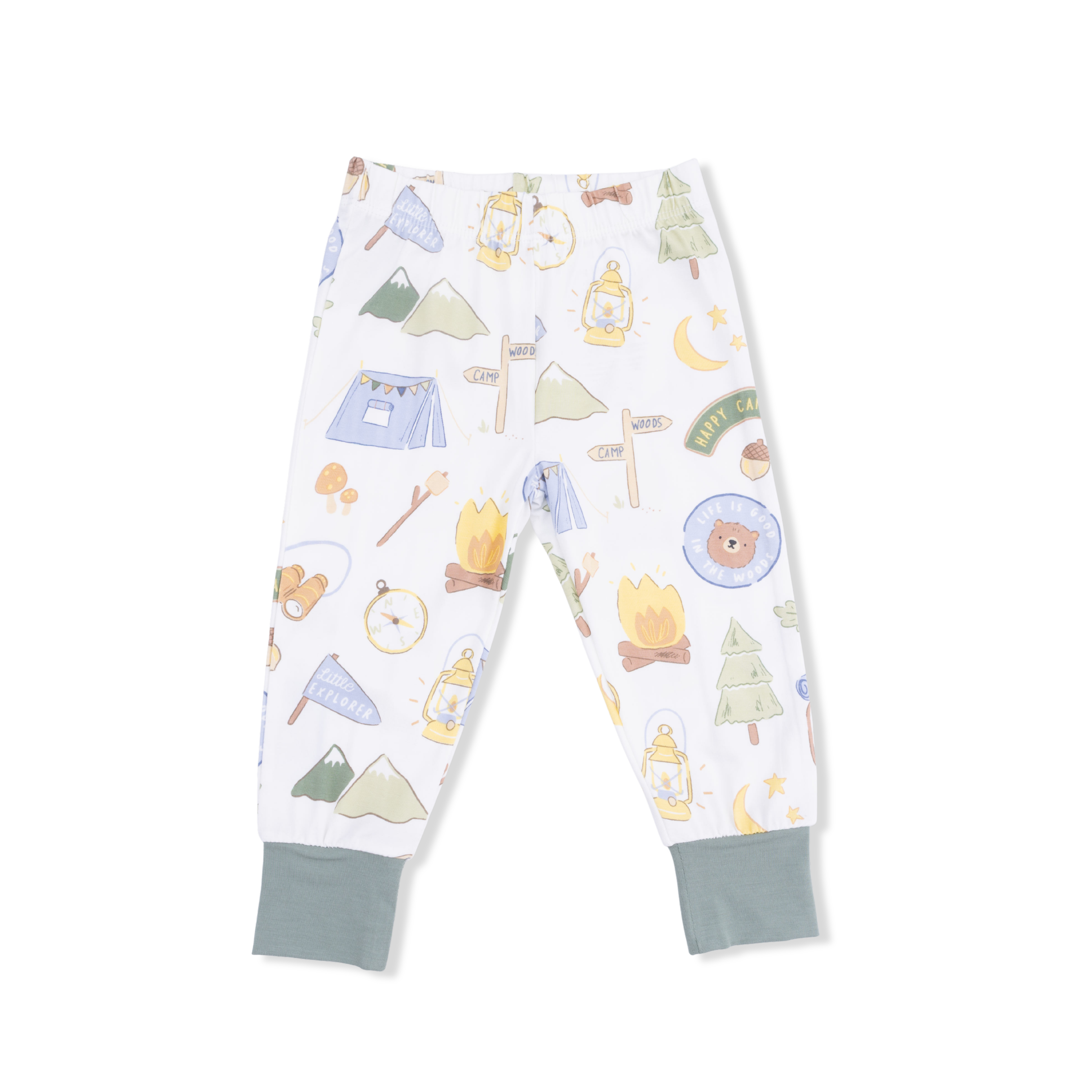 Children's pajama pants with camping-themed print on a white background