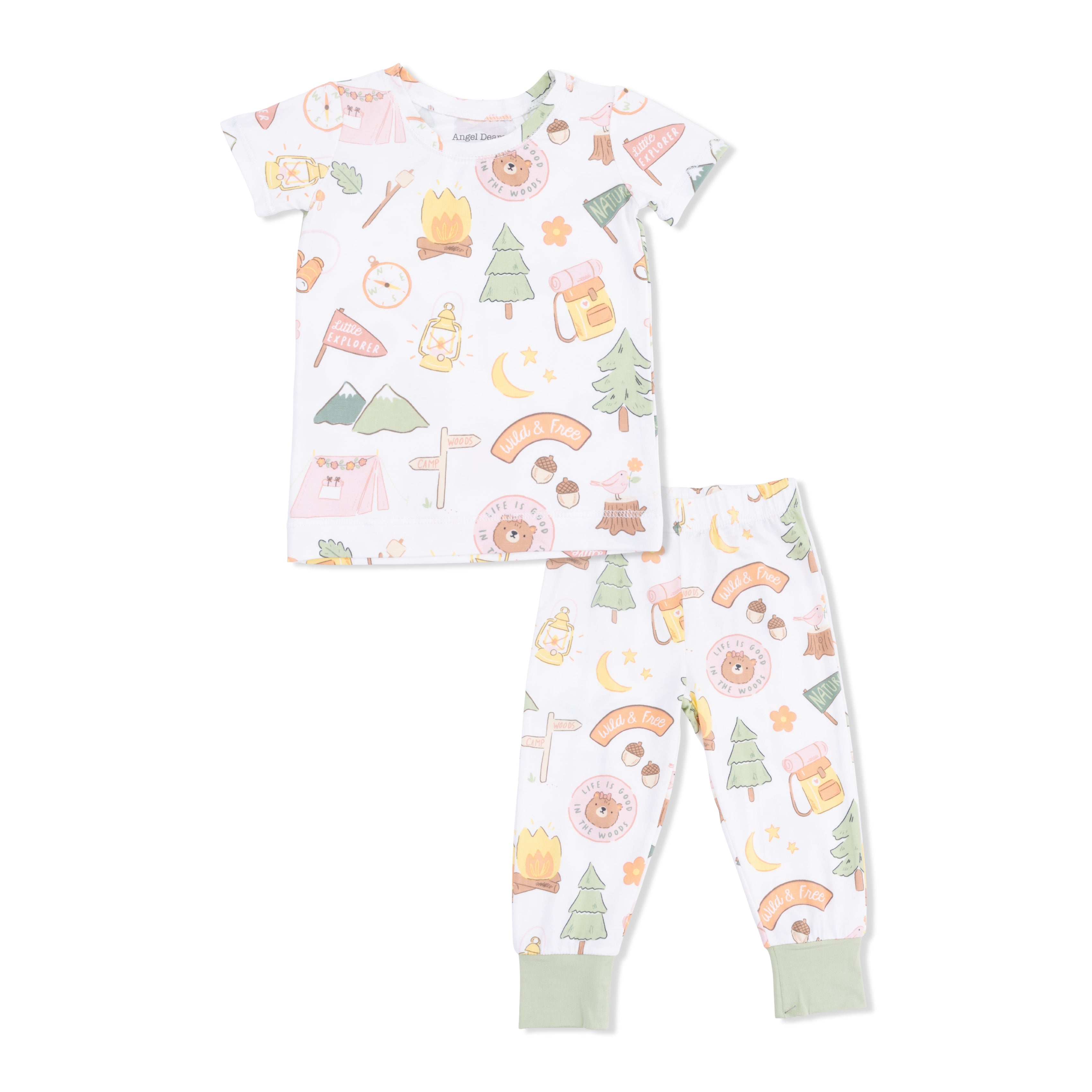Children's pajama set with camping-themed print on a white background
