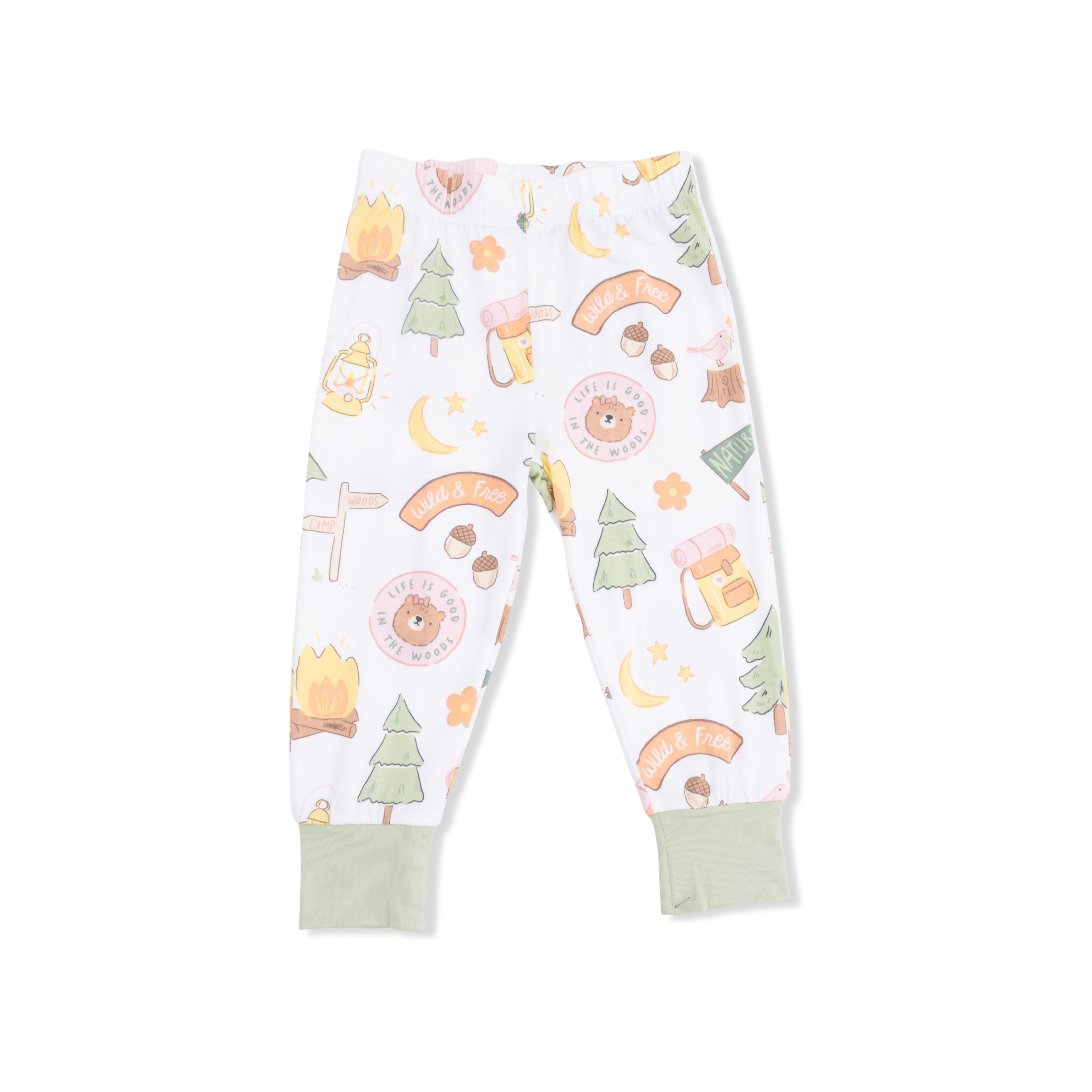 Children's leggings with a camping pattern on a white background