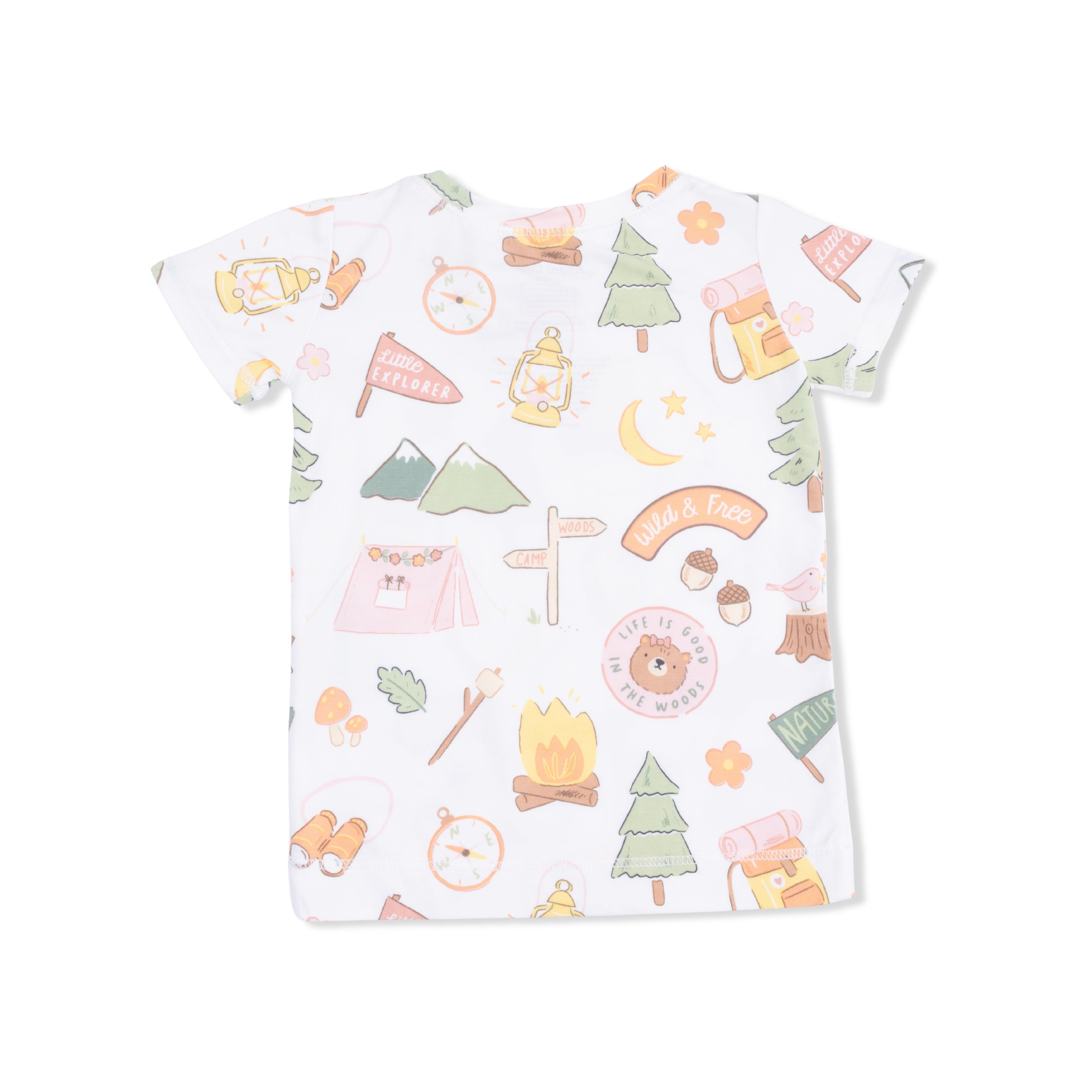 Baby shirt with camping-themed pattern on a white background