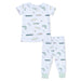 Children's pajama set with fishing-themed design on a white background