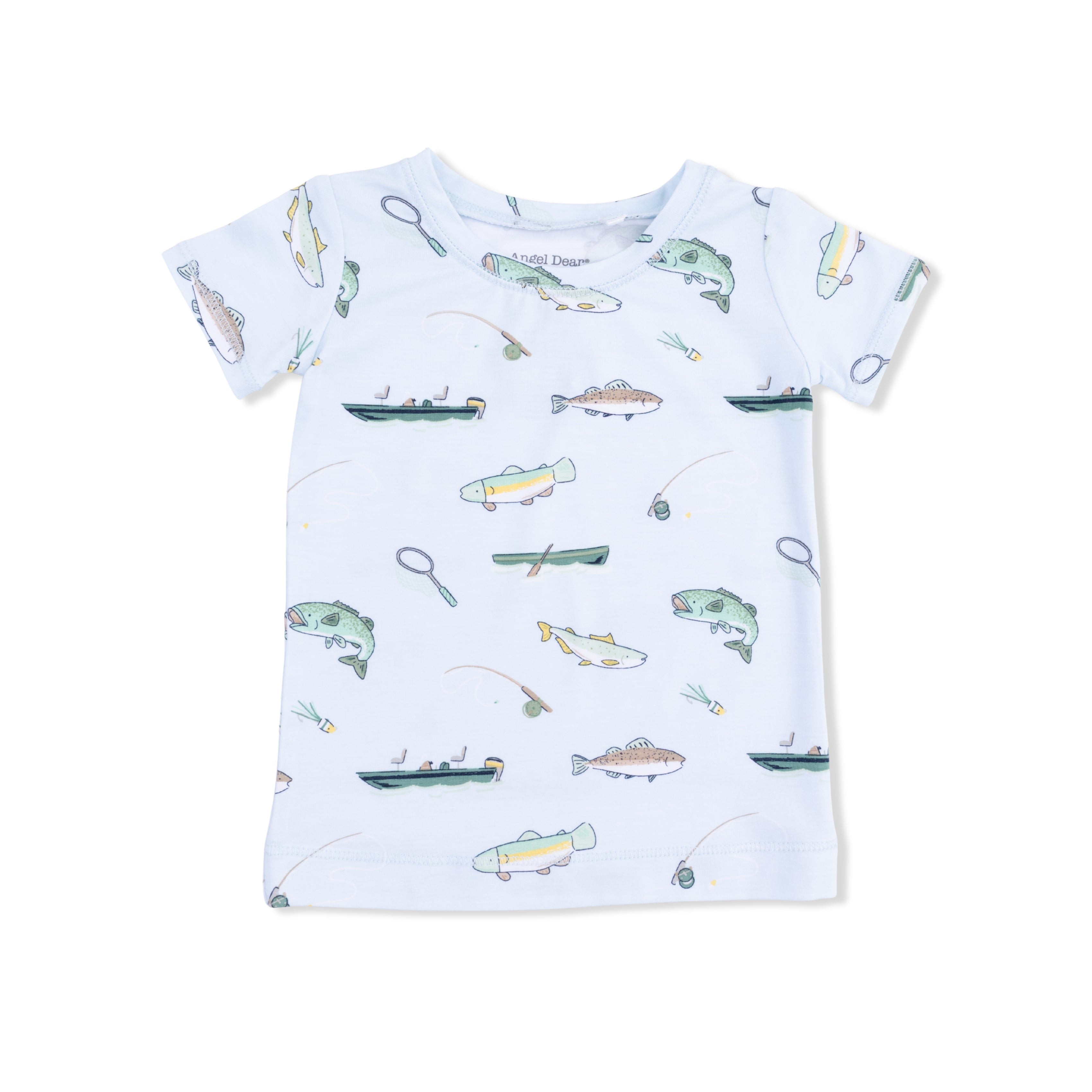 Children's t-shirt with fishing-themed pattern on a white background