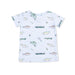 Children's t-shirt with fishing-themed pattern on a white background