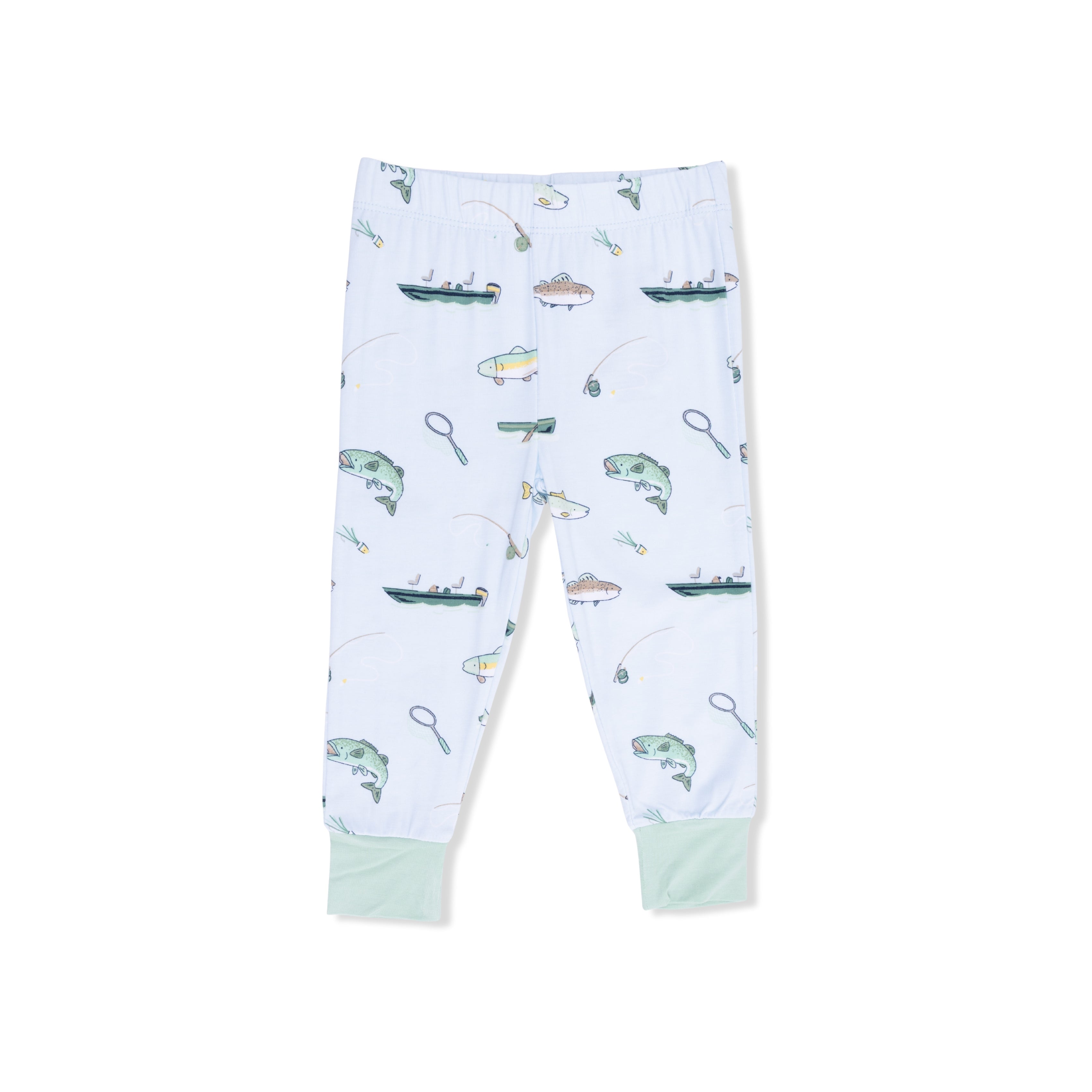 Children's leggings with fishing-themed pattern on a white background