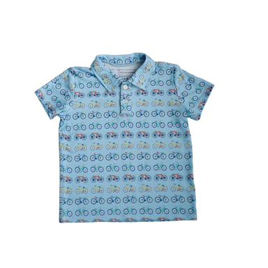 Children's blue polo shirt with bicycle pattern on a white background