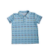 Children's blue polo shirt with bicycle pattern on a white background