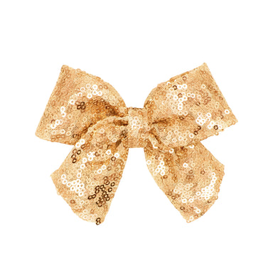 Gold sequin bow with tails by Wee Ones for girls holiday outfits and Christmas celebrations sparkling hair accessory