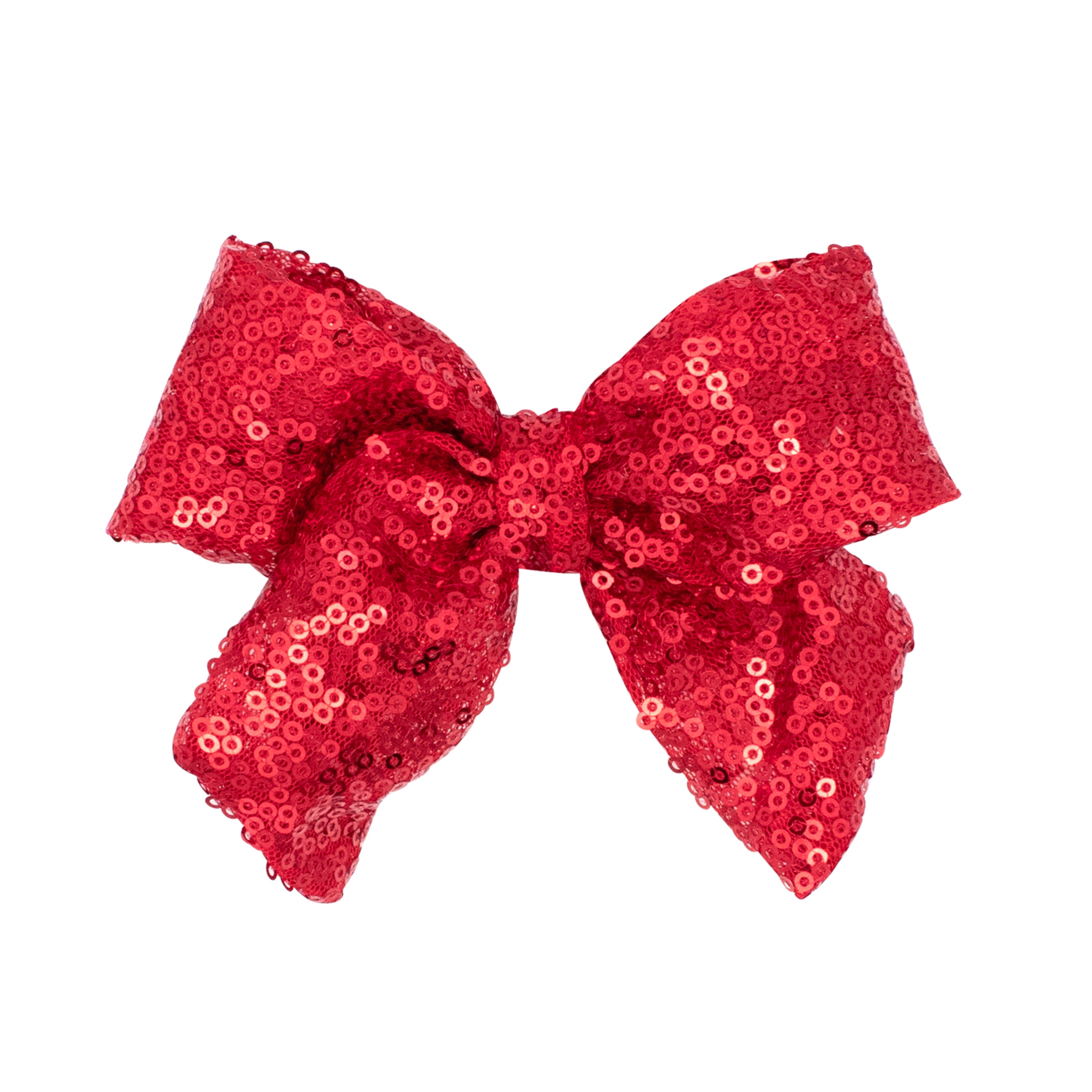Red sequin hair bow with long tails by Wee Ones for festive holiday outfits and Christmas celebrations on a white background