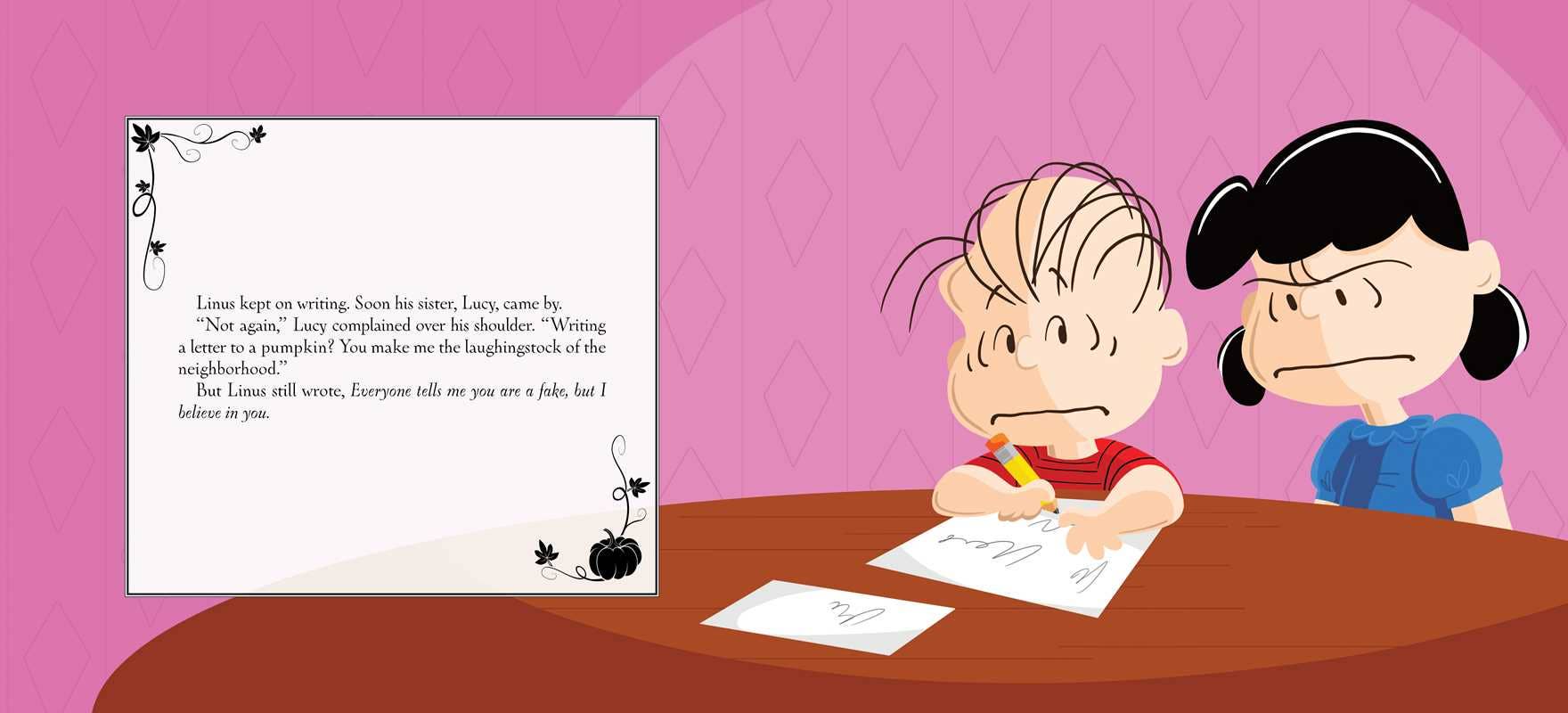 A Peanuts-style illustrated scene shows a child writing at a desk while Lucy looks on, with a pink patterned background and a large text box on the left.