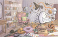 A whimsical illustrated Halloween room scene with a ghost, spider, witch hat, pumpkins, books, spiderwebs, and a messy floor covered in spooky decorations and props.