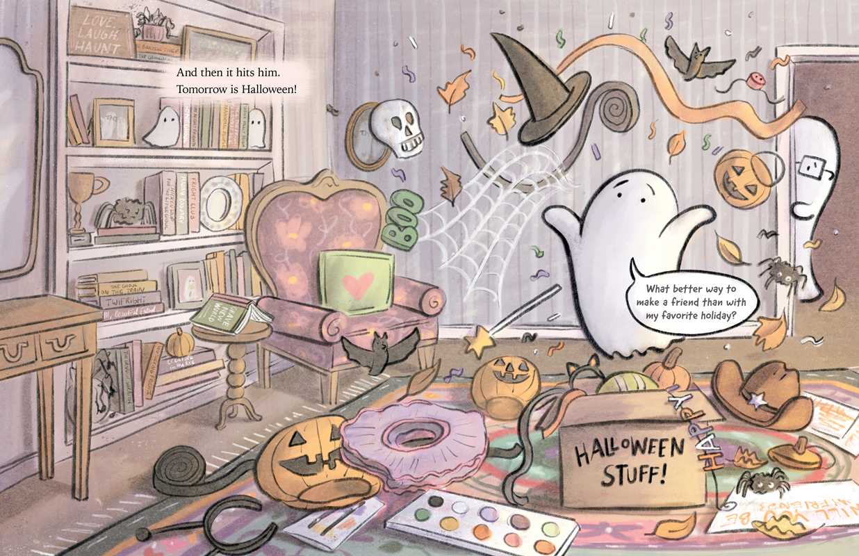 A whimsical illustrated Halloween room scene with a ghost, spider, witch hat, pumpkins, books, spiderwebs, and a messy floor covered in spooky decorations and props.