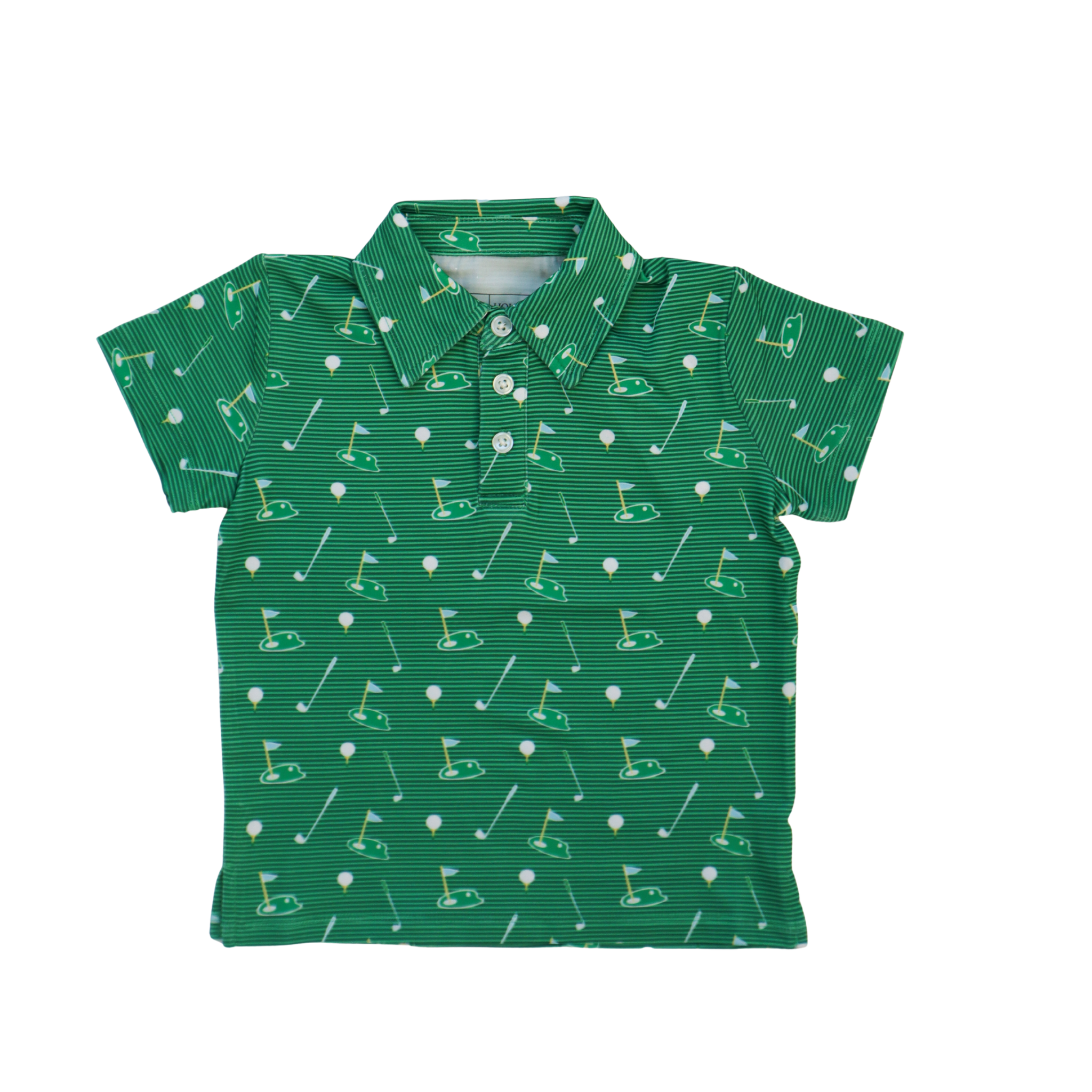 Green polo shirt with golf pattern on a white background