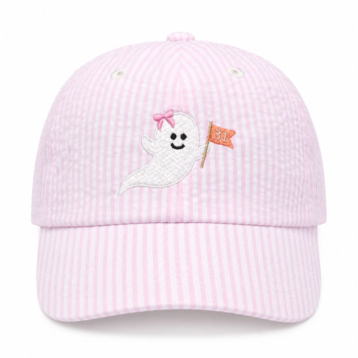 A light pink and white vertically striped baseball cap featuring an embroidered white ghost with a pink bow and a small orange flag on the front.