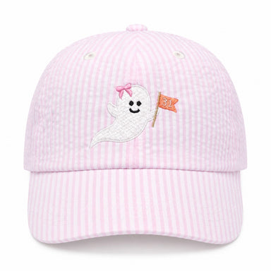 A light pink and white vertically striped baseball cap featuring an embroidered white ghost with a pink bow and a small orange flag on the front.
